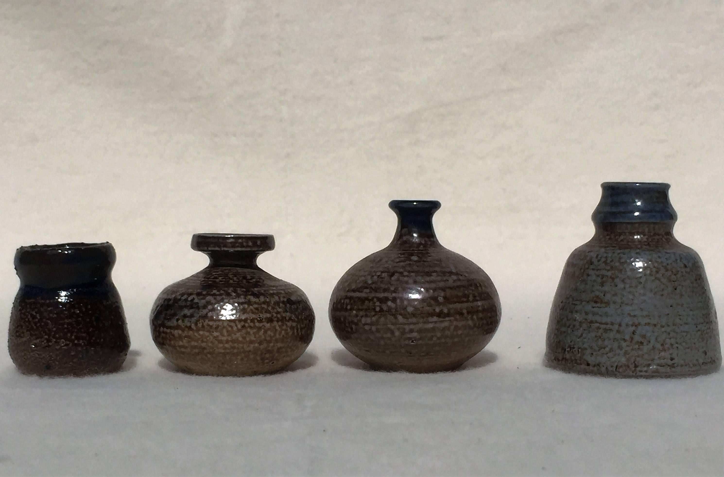 Mid-Century Modern Four Miniature Vases, Grey, Blue Salt Glazed Art Pottery, Germany, 1960, Set #2 For Sale