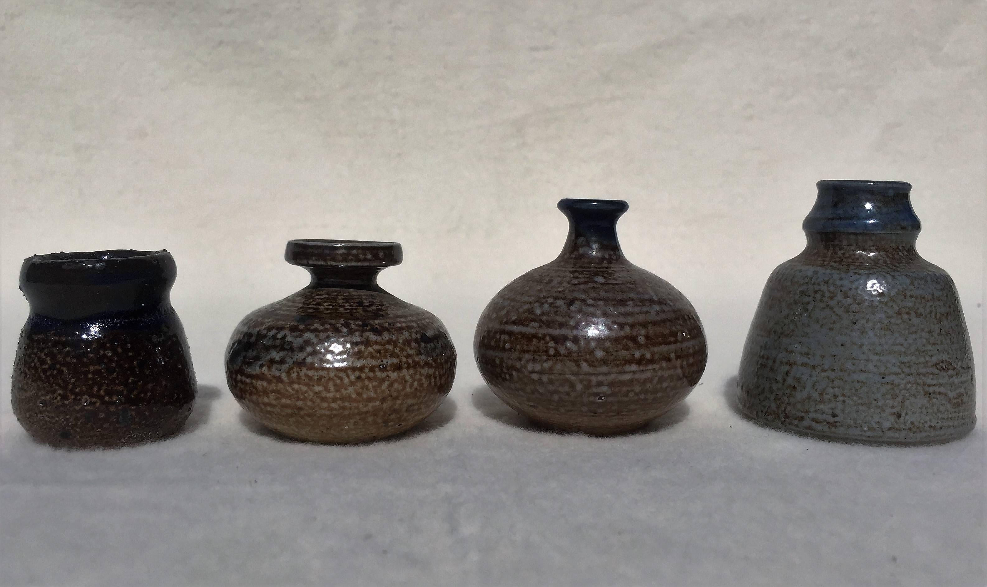 Fired Four Miniature Vases, Grey, Blue Salt Glazed Art Pottery, Germany, 1960, Set #2 For Sale