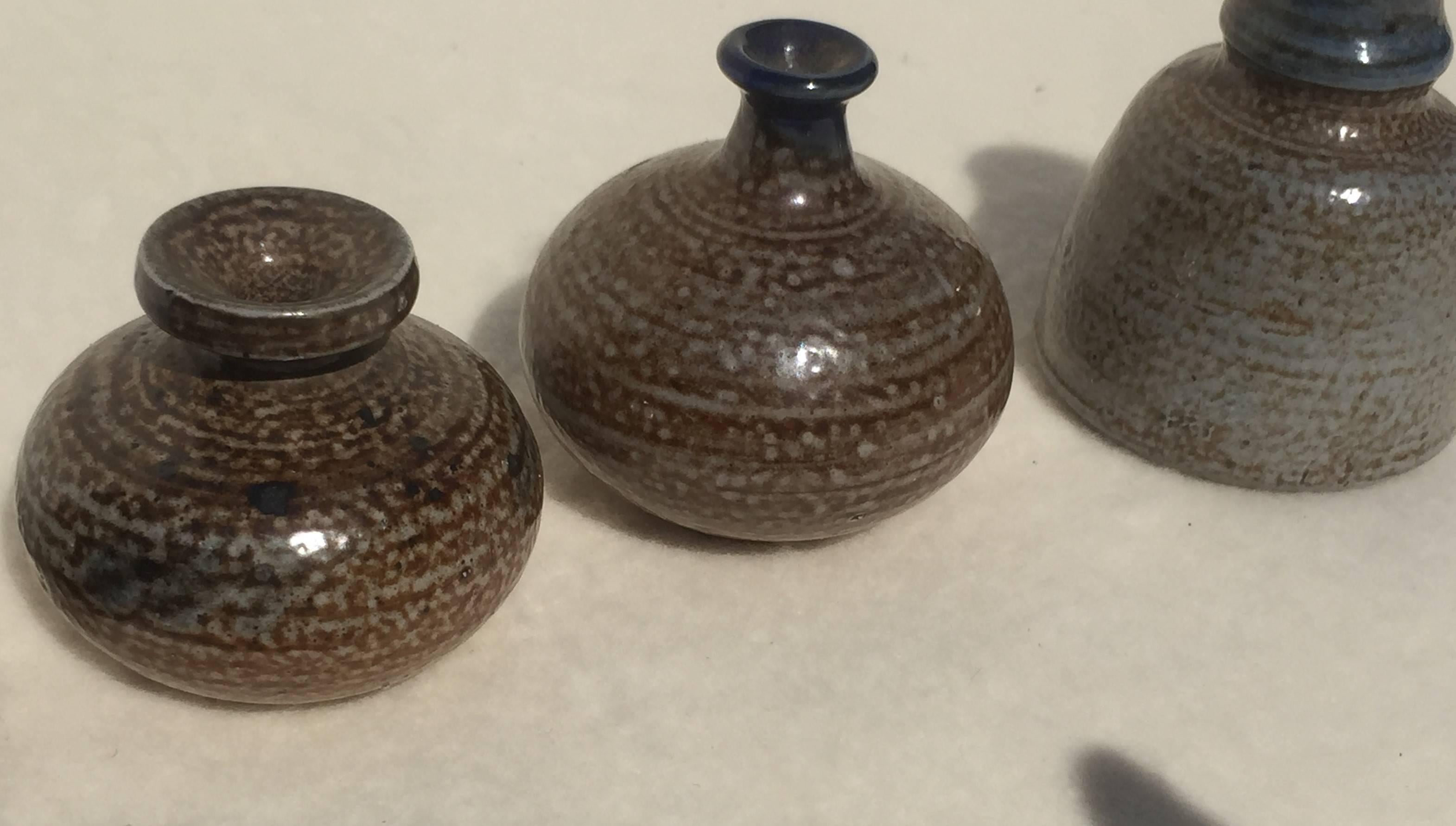 20th Century Four Miniature Vases, Grey, Blue Salt Glazed Art Pottery, Germany, 1960, Set #2 For Sale