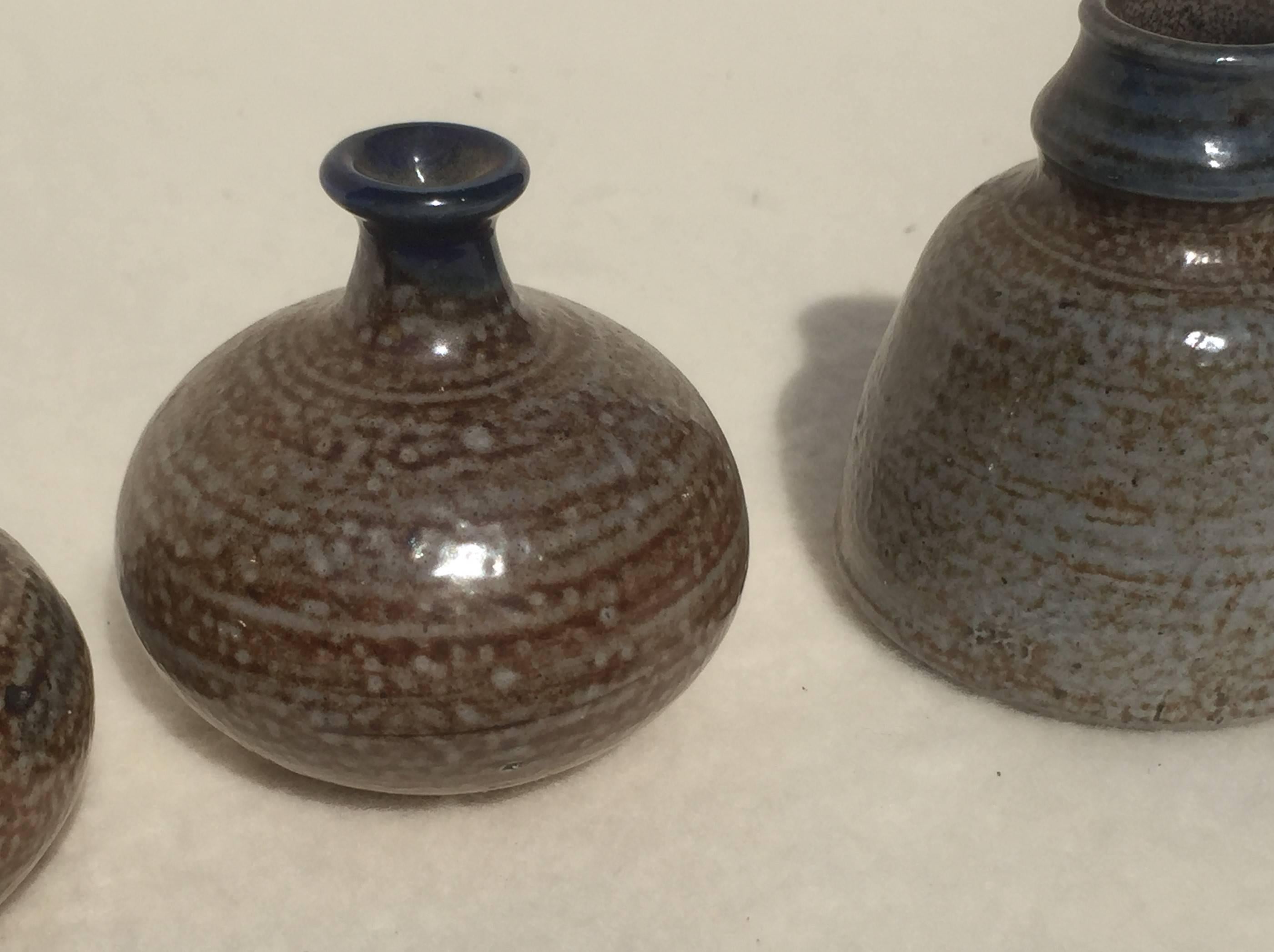 Ceramic Four Miniature Vases, Grey, Blue Salt Glazed Art Pottery, Germany, 1960, Set #2 For Sale