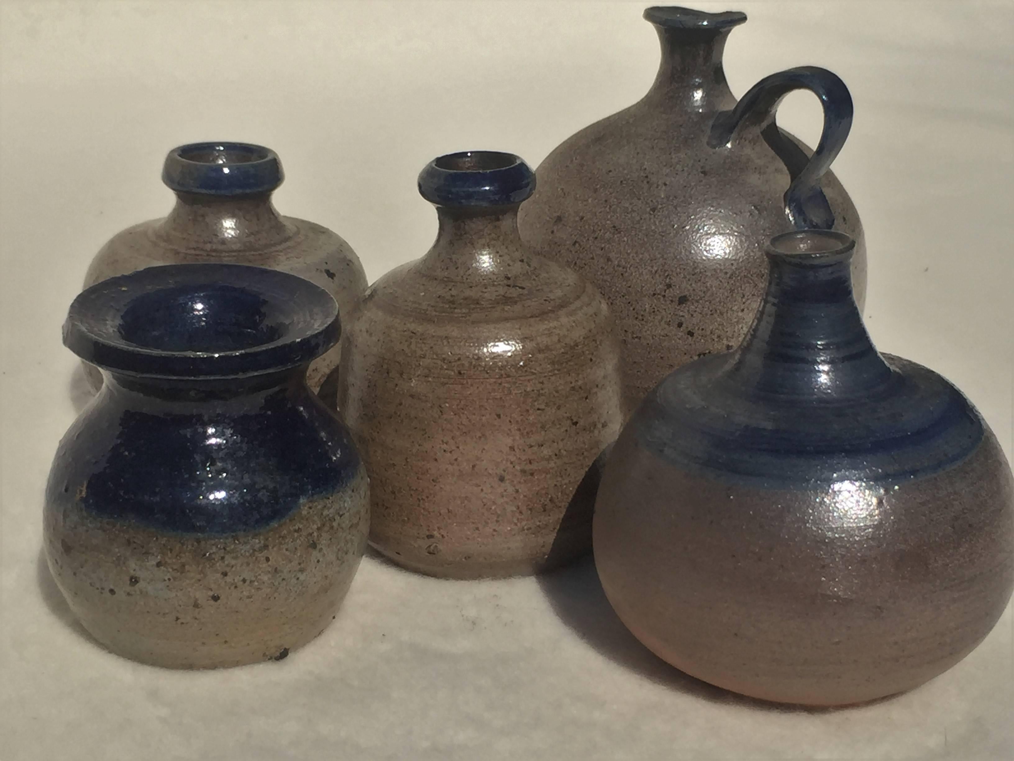 Five Miniature Vases by Assenmacher, 1960s Salt Glazed Art Pottery, Set #4 3