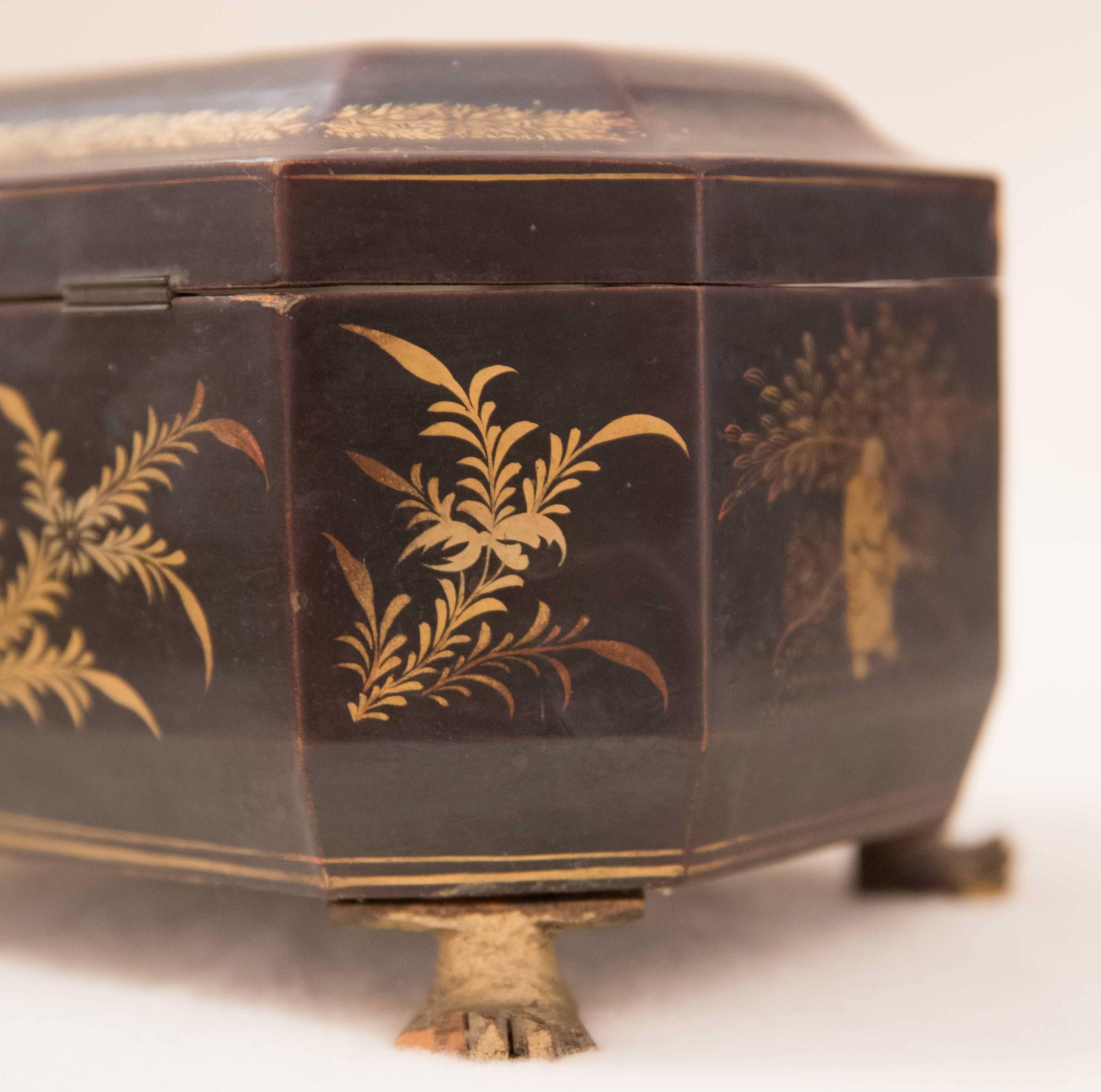 Blackened 18th Century Chinese Tea Caddy Export Box Black and Gold Tin For Sale