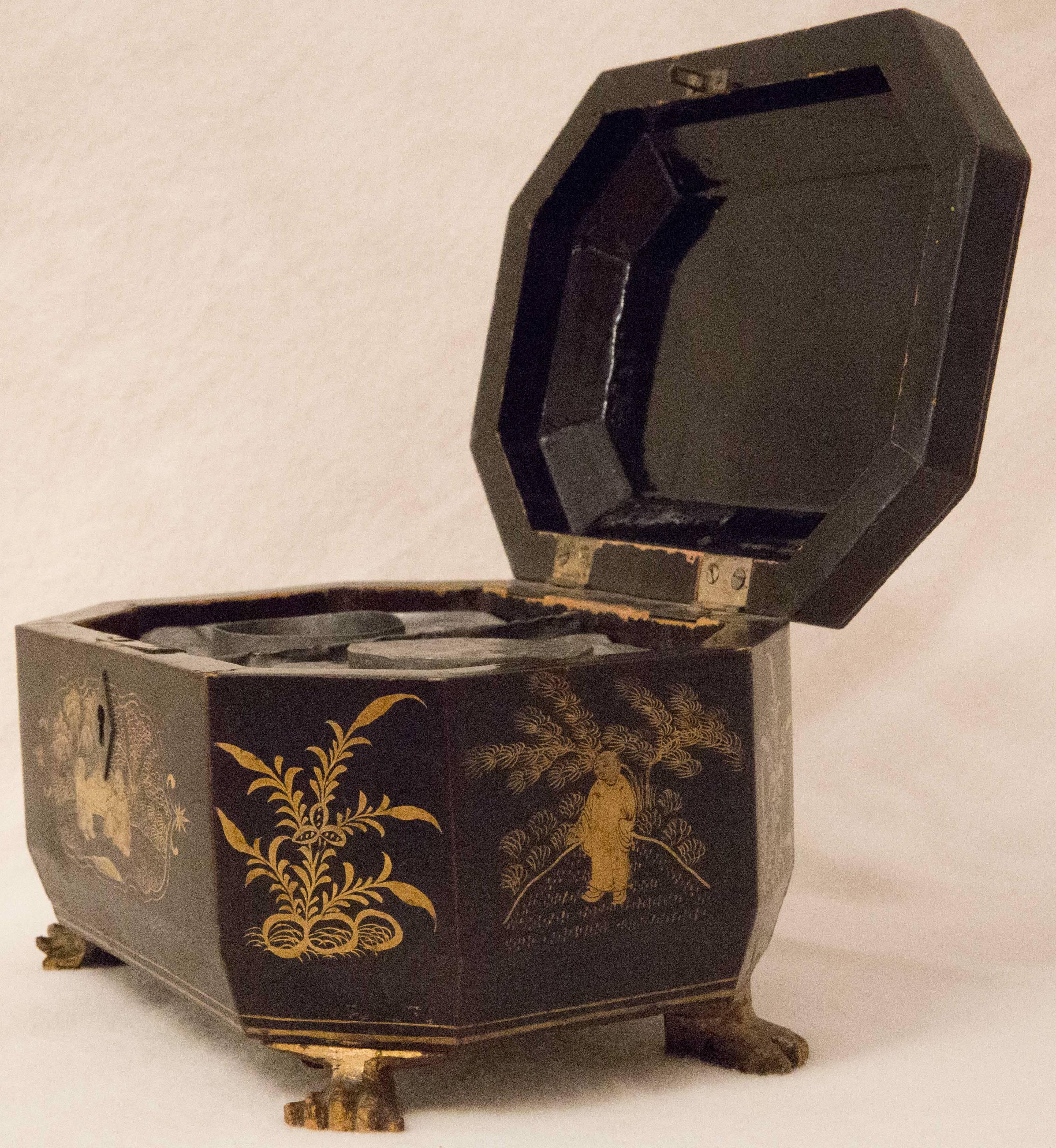 German 18th Century Chinese Tea Caddy Export Box Black and Gold Tin For Sale