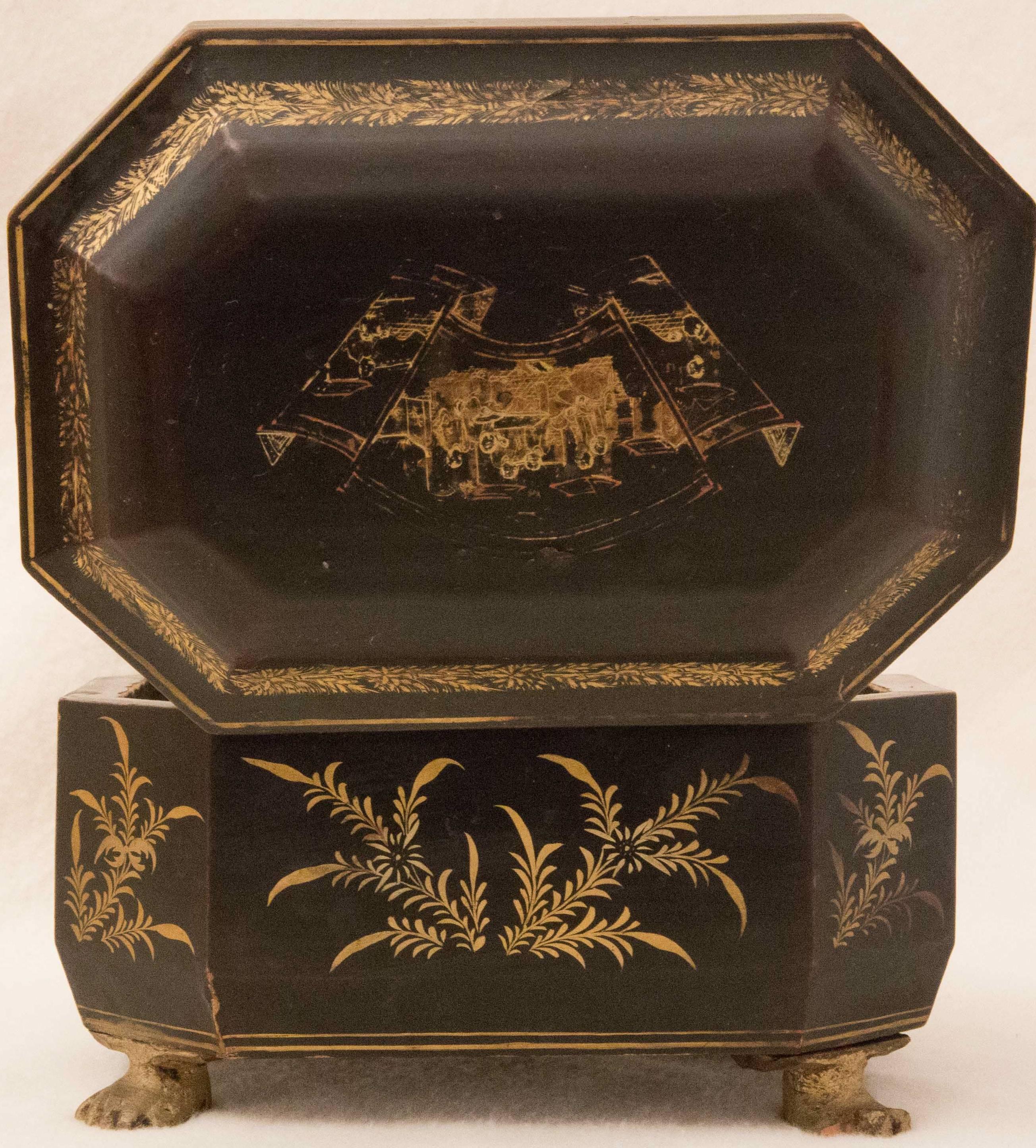 Chinoiserie 18th Century Chinese Tea Caddy Export Box Black and Gold Tin For Sale
