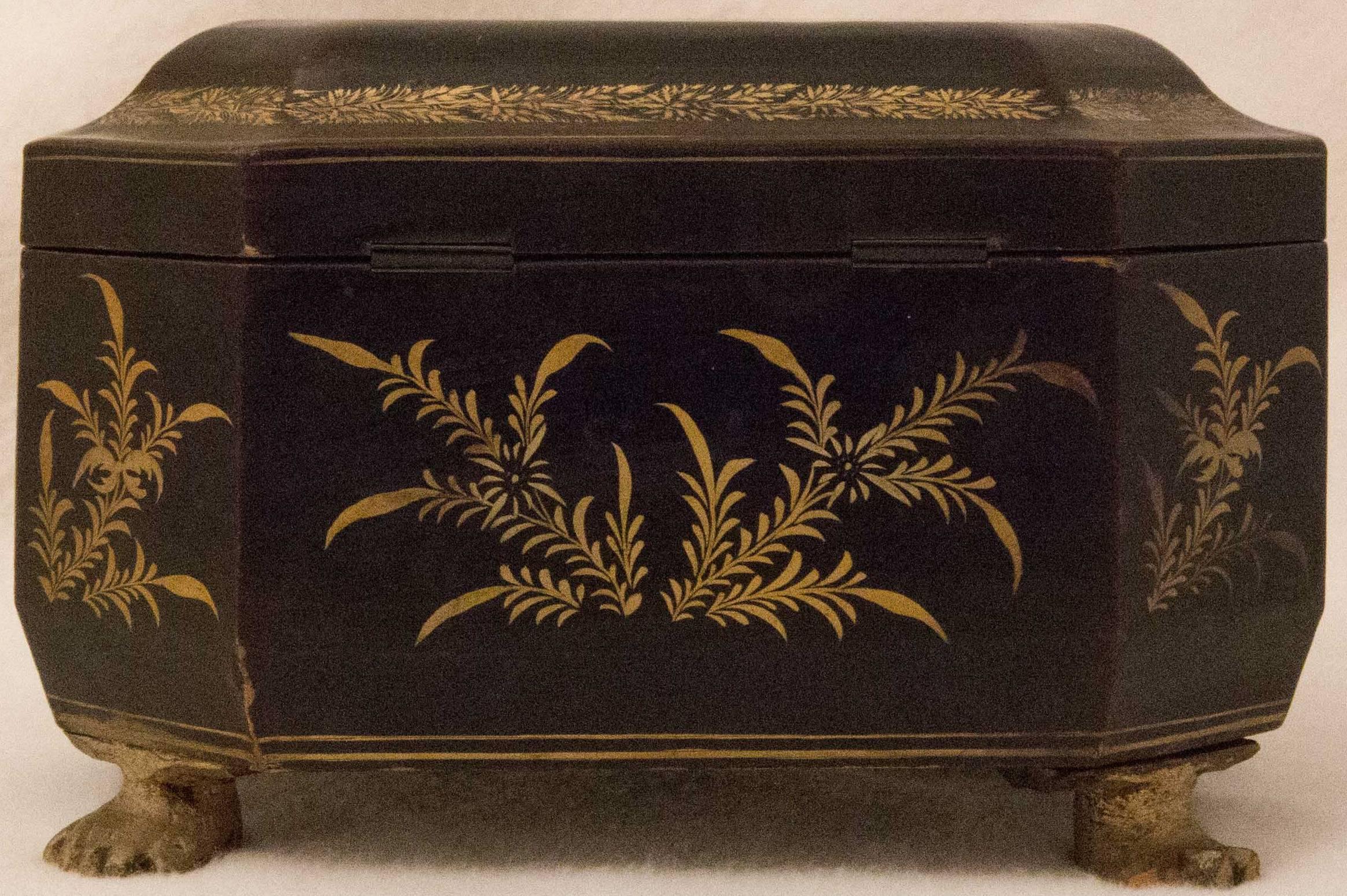 18th Century and Earlier 18th Century Chinese Tea Caddy Export Box Black and Gold Tin For Sale