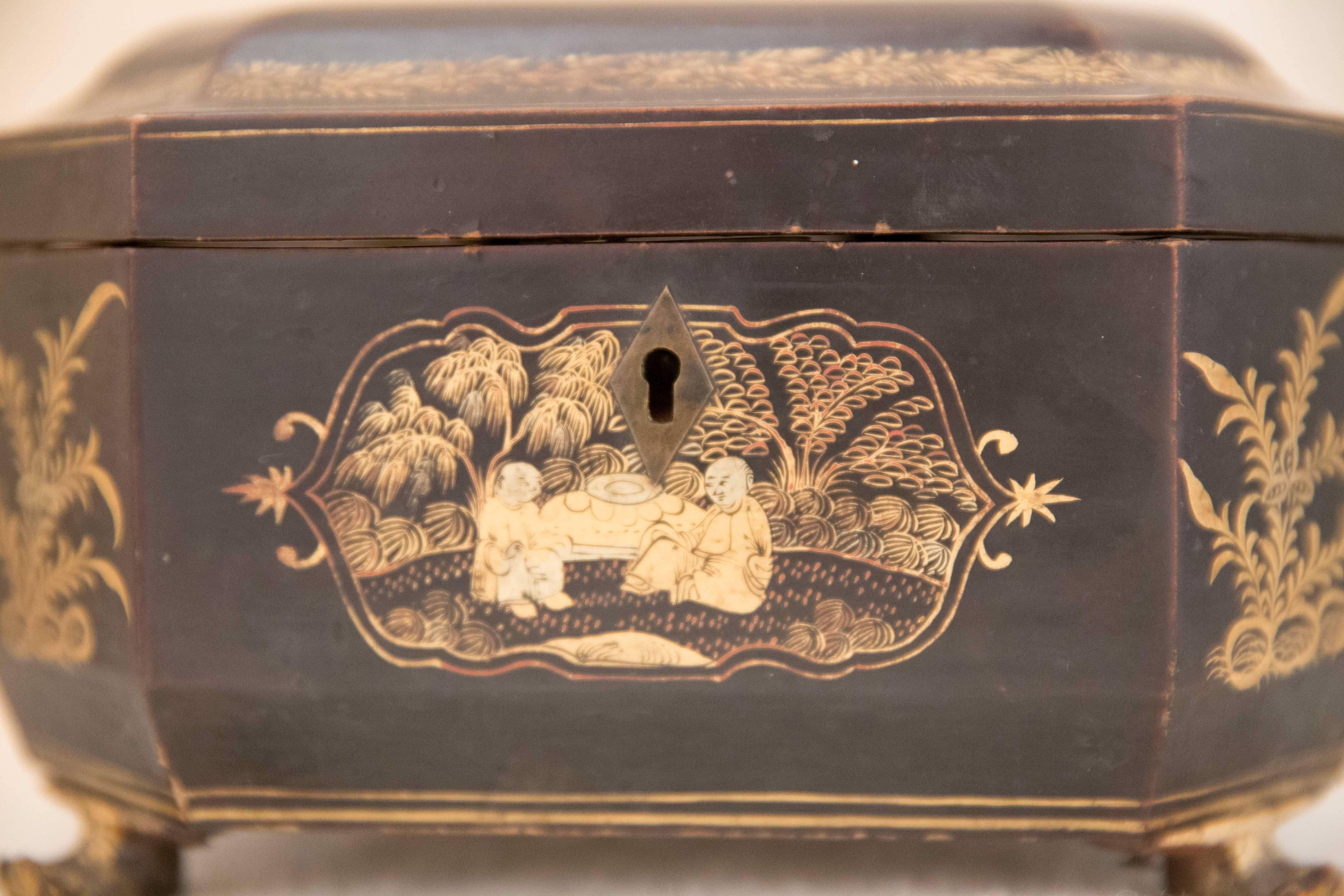 18th Century Chinese Tea Caddy Export Box Black and Gold Tin For Sale 1