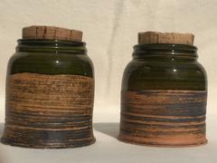 Pair of 1960s Ceramical Jars with Cork Lid in Brown Caramel Green Glaze Germany