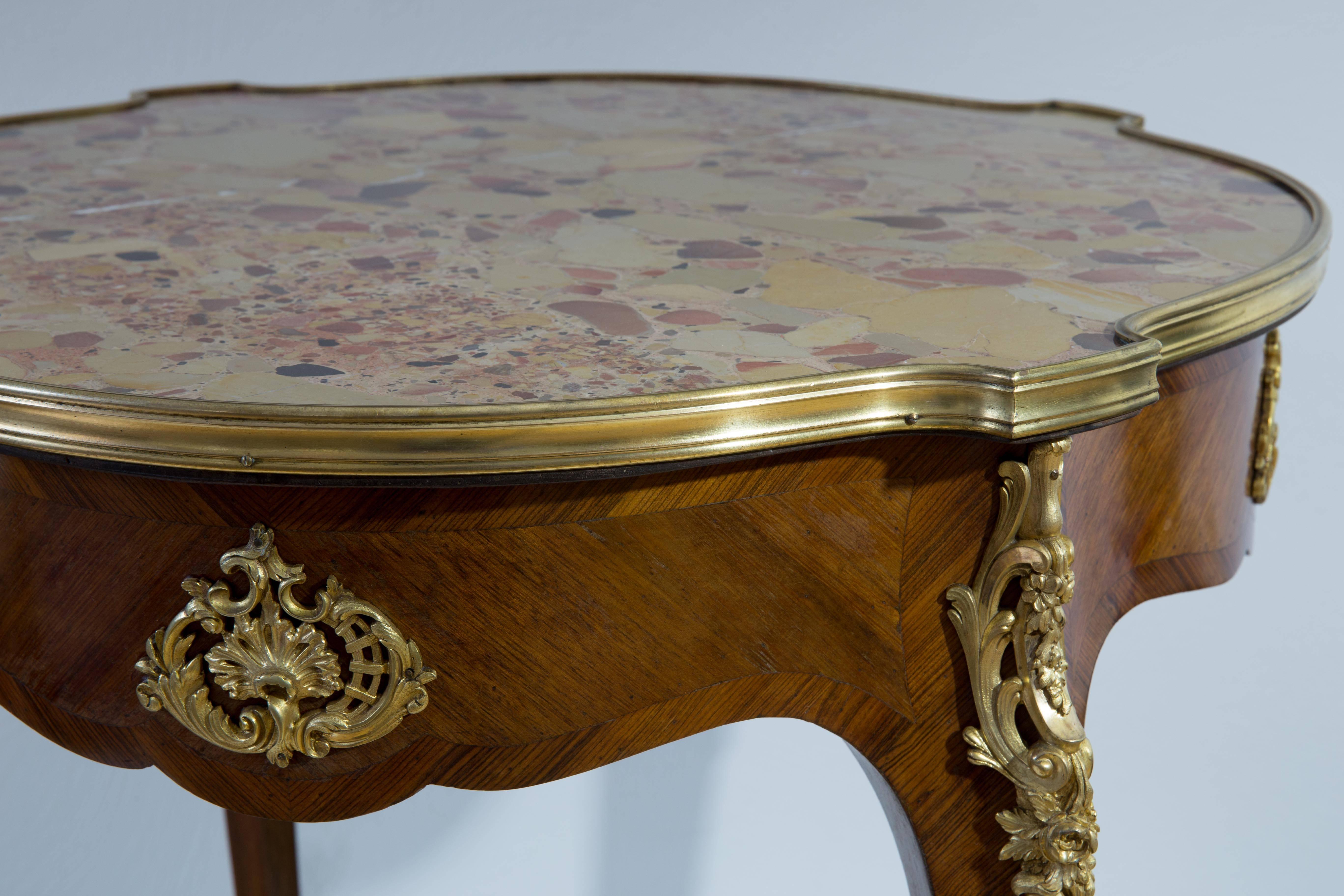Cross-Banded Guéridon Side Table French Rococo, Louis XVI style, gilded bronzes, marble top