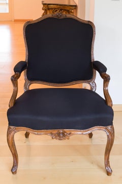 Set of Three French Carved Walnut Period Rococo Armchairs, Louis XV Black Fabric