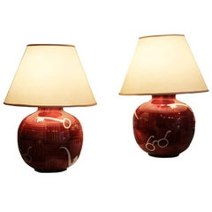 Vintage Couple of Red Spherical Table Lamps by Gio Ponti, Signed by Richard Ginori, 1950