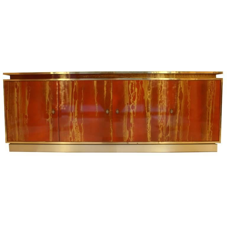 Red Lacquered Four Doors Sideboard by Maison Jansen, France, 1970, Brass Details