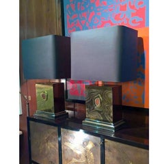 George Mathias Pair of Squared Brass and Agate Table Lamps