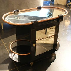 Italian Oval Trolley Bar, Black Lacquered Wood, Mirror and Copper, Italy, 1930