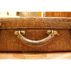 Big Crocodile Suitcase, Brown Leather, Metal Decoration, England, 1930
