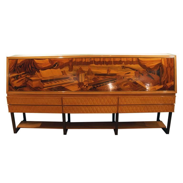 Bright Maple Wood Sideboard, Inlays of Different Woods, Signed Anzani, Italy For Sale