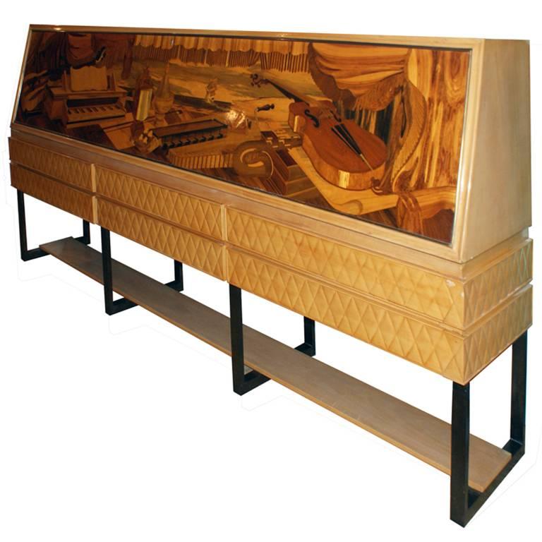Art Deco Bright Maple Wood Sideboard, Inlays of Different Woods, Signed Anzani, Italy For Sale