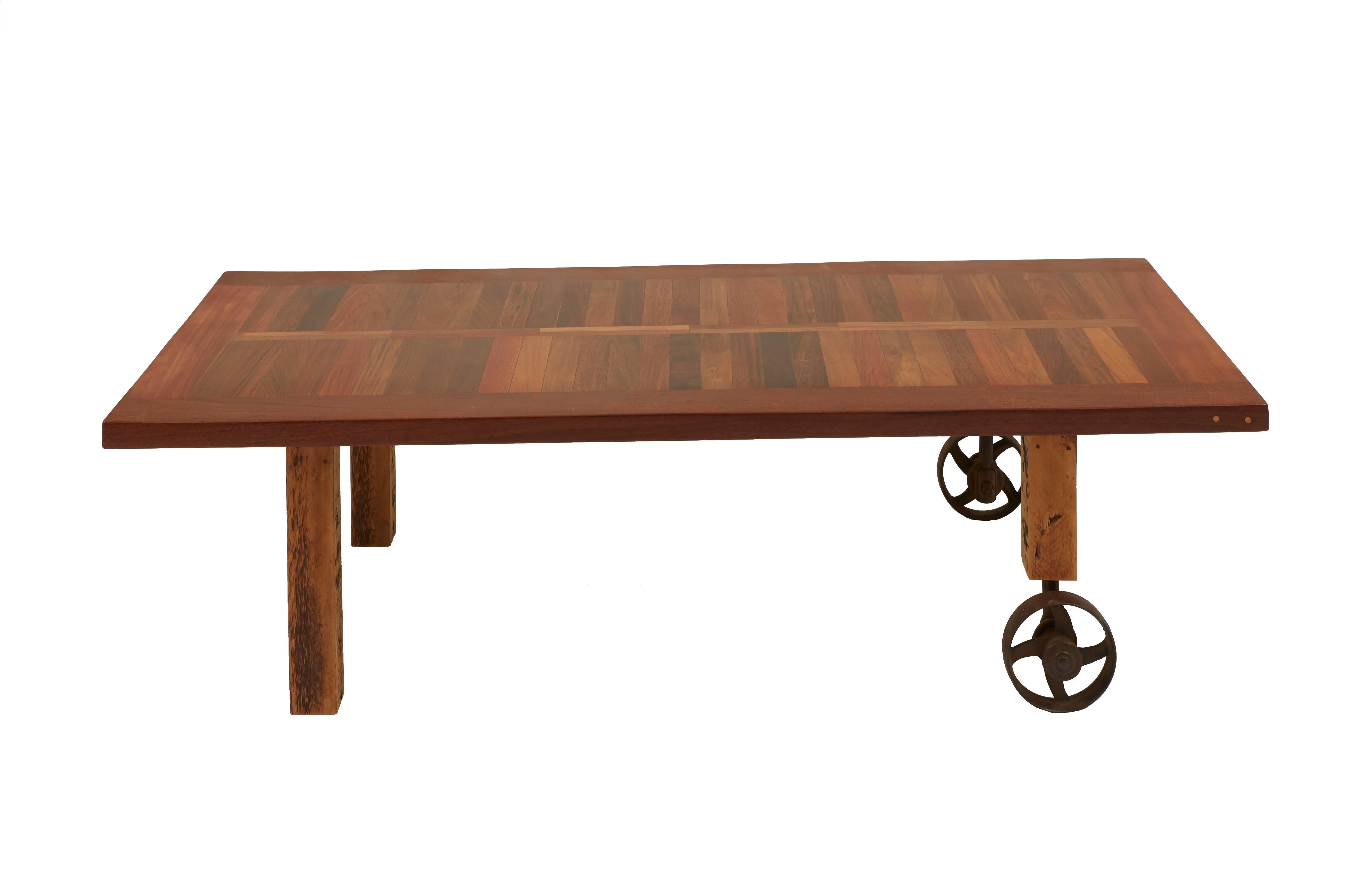 Coffee table made from an old mahogany door, reclaimed Brazilian Ipe, reclaimed Douglas fir and vintage casters.

Handmade in the USA by Mats Christeen.

Established in 2010, Foundrywood is a Queens-based producer of distinctive, handcrafted