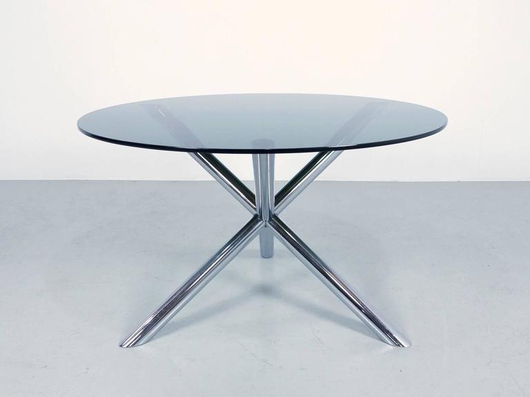 1970s Round Dining Table In Chrome And Smoked Glass By Roche Bobois For 