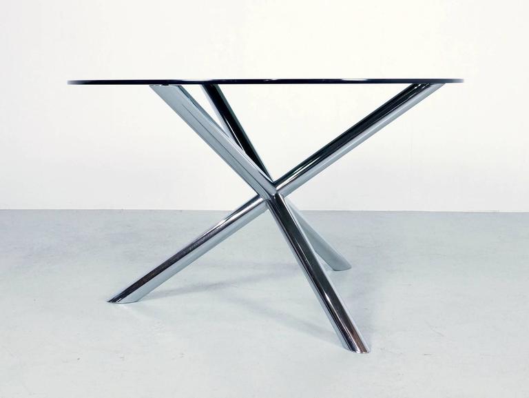 1970s Round Dining Table In Chrome And Smoked Glass By Roche Bobois For 