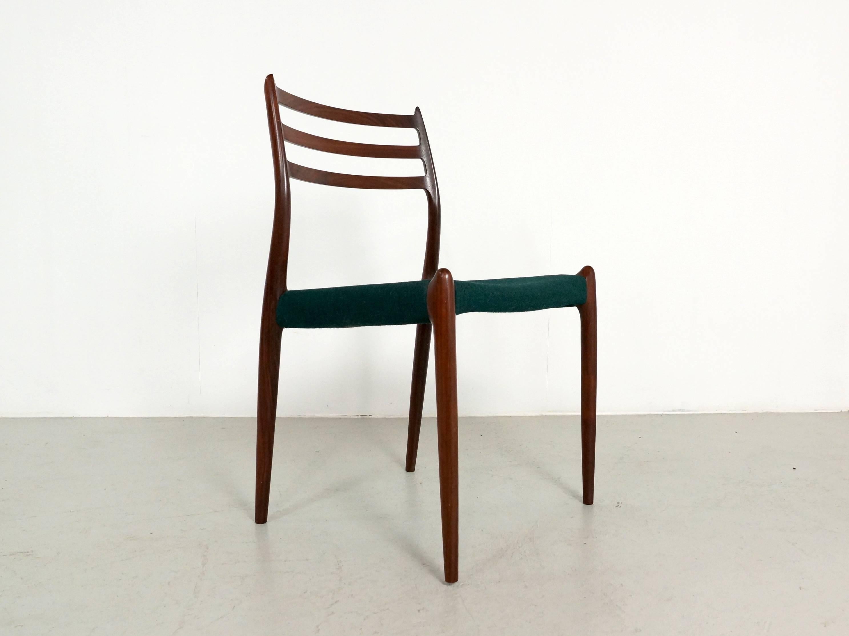 Scandinavian Modern Set of Six Rosewood Dining Chairs by Niels O. Møller, Model No 78