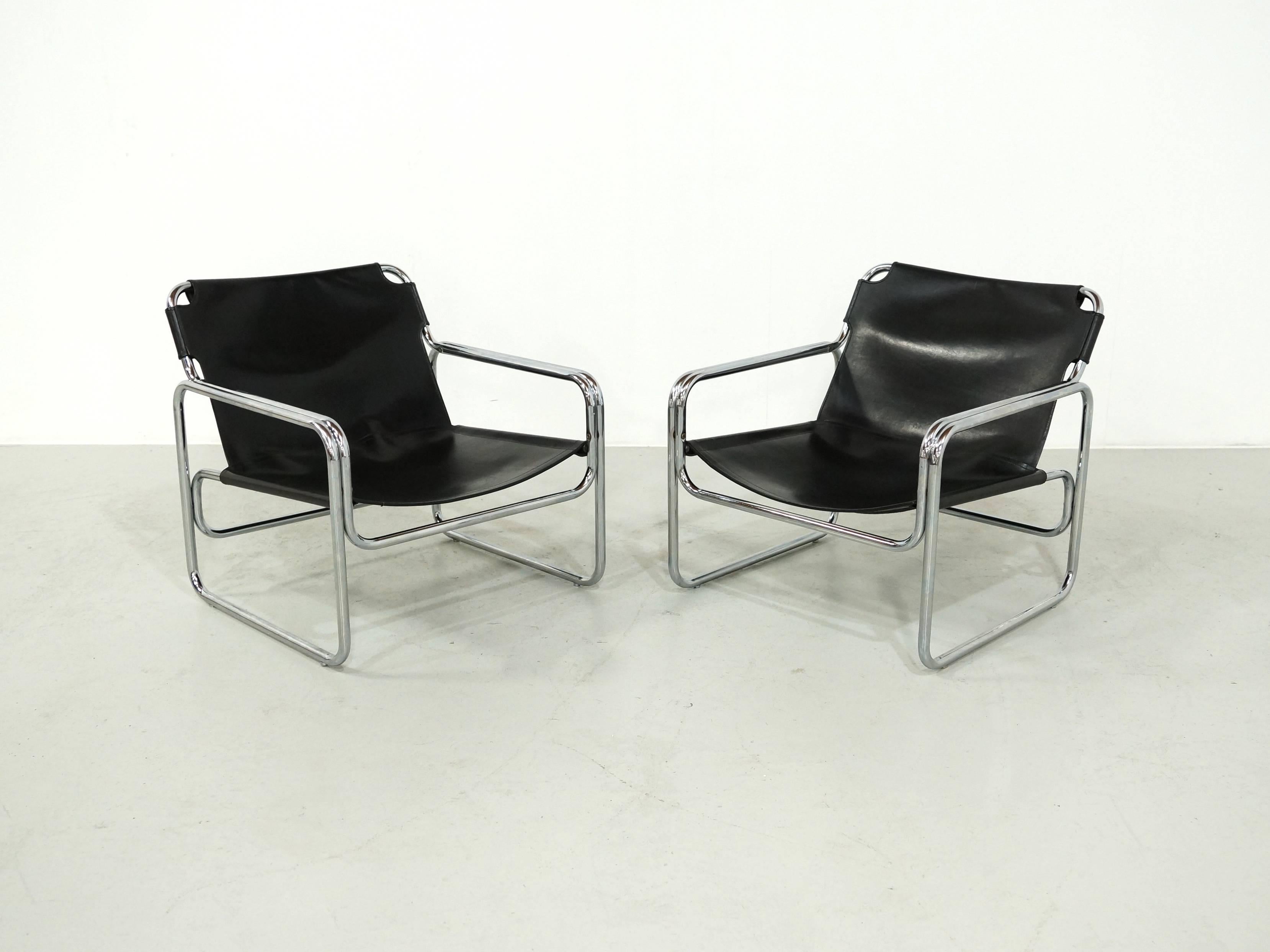 Mid-Century Modern Pair of Antella Mosca Black Leather Lounge Chairs, Model Attico 1970, s 