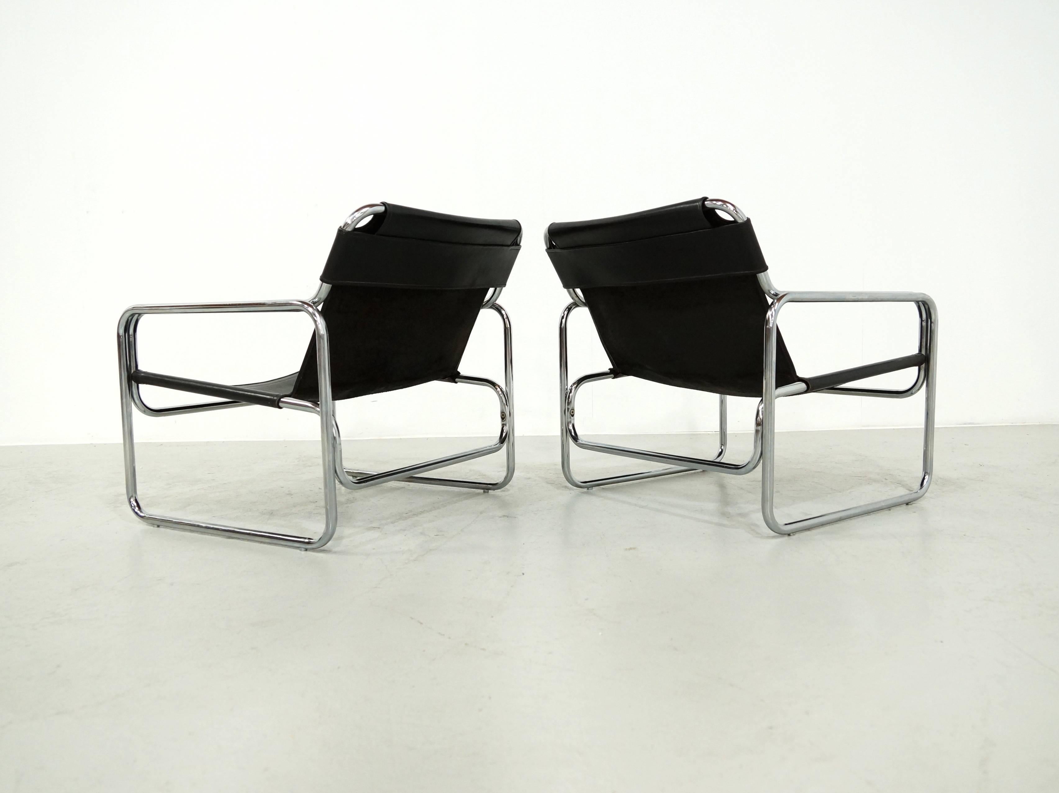 Italian Pair of Antella Mosca Black Leather Lounge Chairs, Model Attico 1970, s 