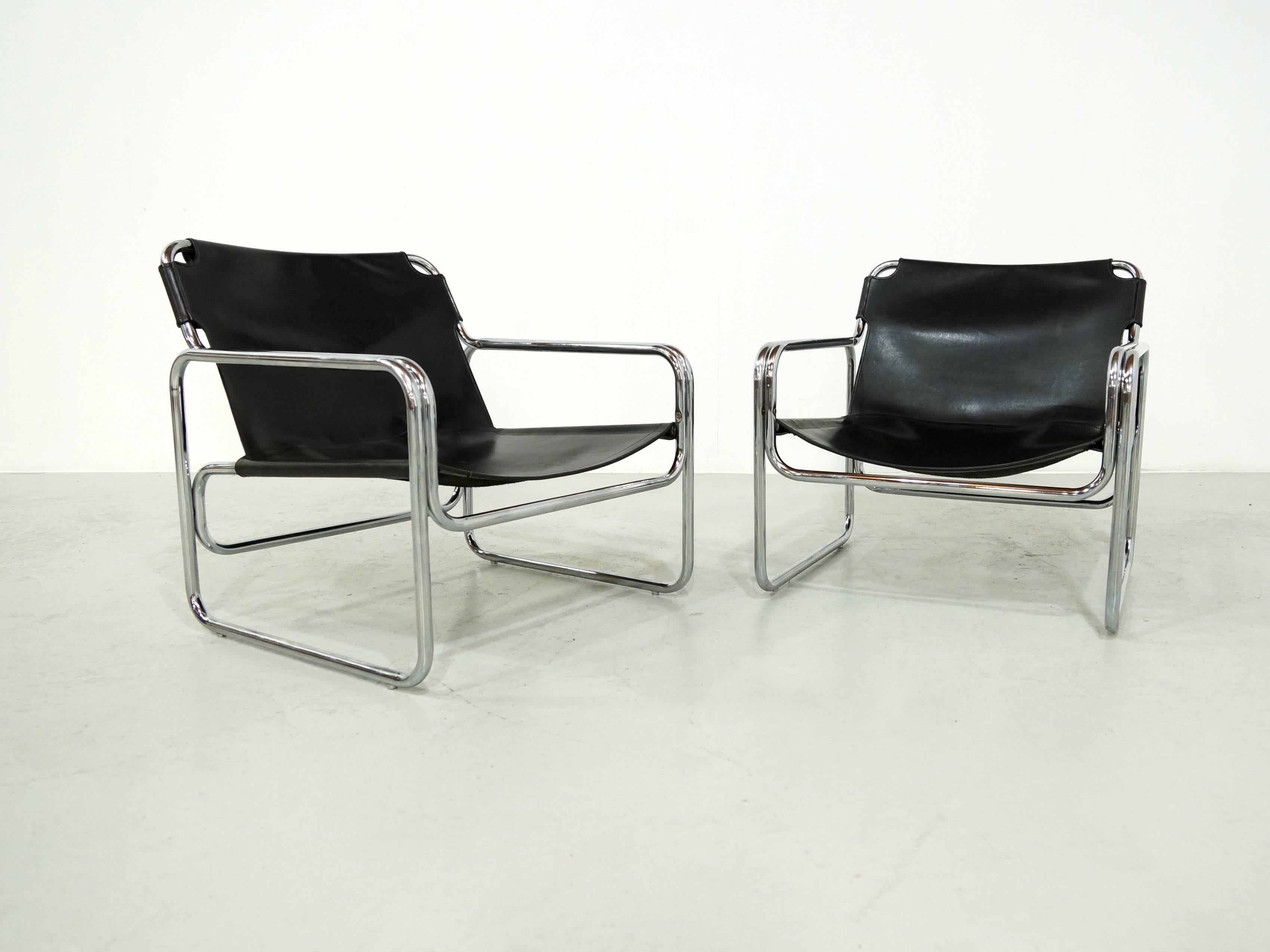Pair of Antella Mosca Black Leather Lounge Chairs, Model Attico 1970, s  In Good Condition In 's Heer Arendskerke, NL