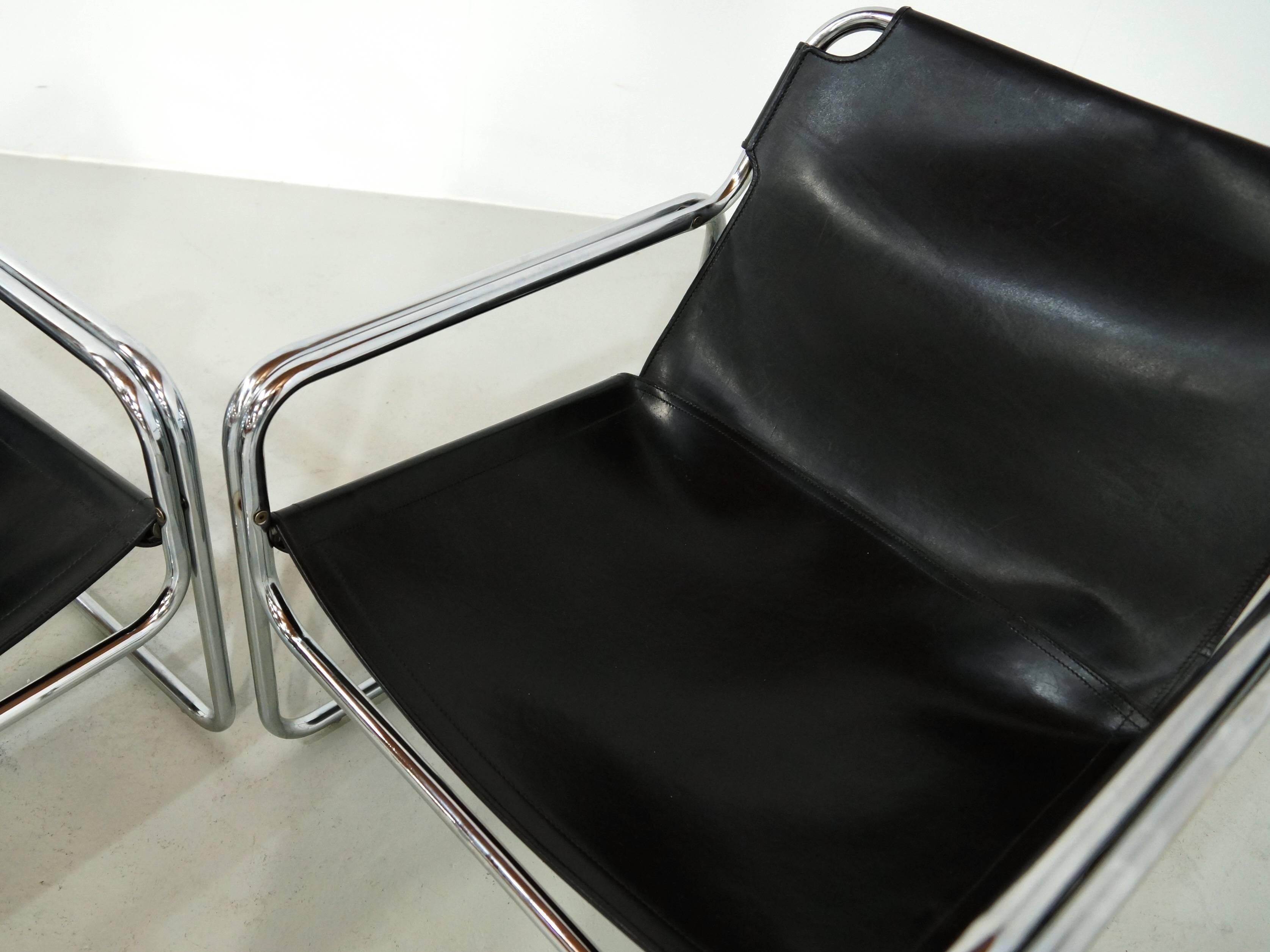 Pair of Antella Mosca Black Leather Lounge Chairs, Model Attico 1970, s  1