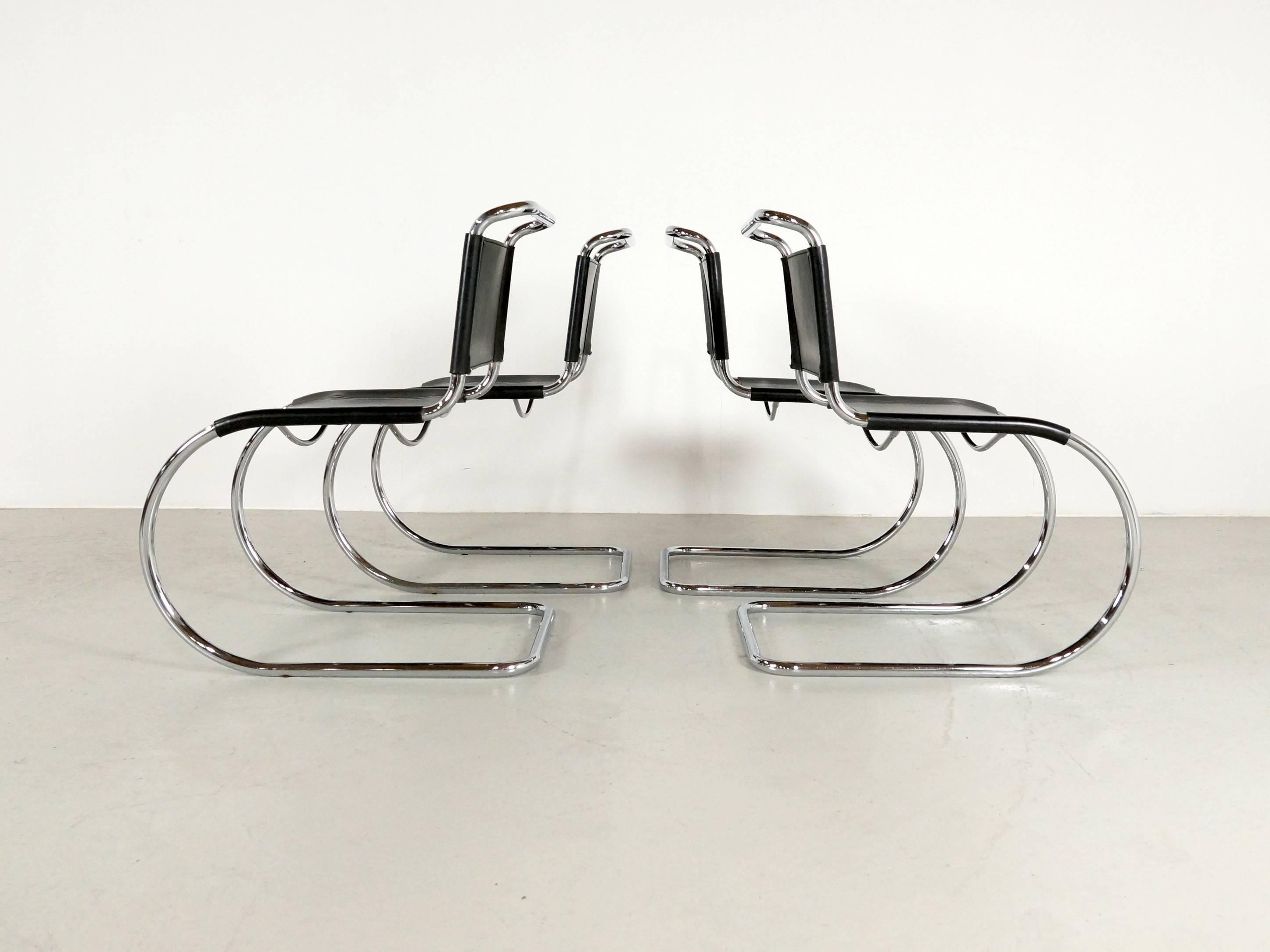 Beautiful set of four MR ten chairs designed by Mies van de Rohe, edition Thonet, 1970s. This set is made in high quality black saddle leather and are in good condition. One chair the chrome has some marks but overall condition is very good.