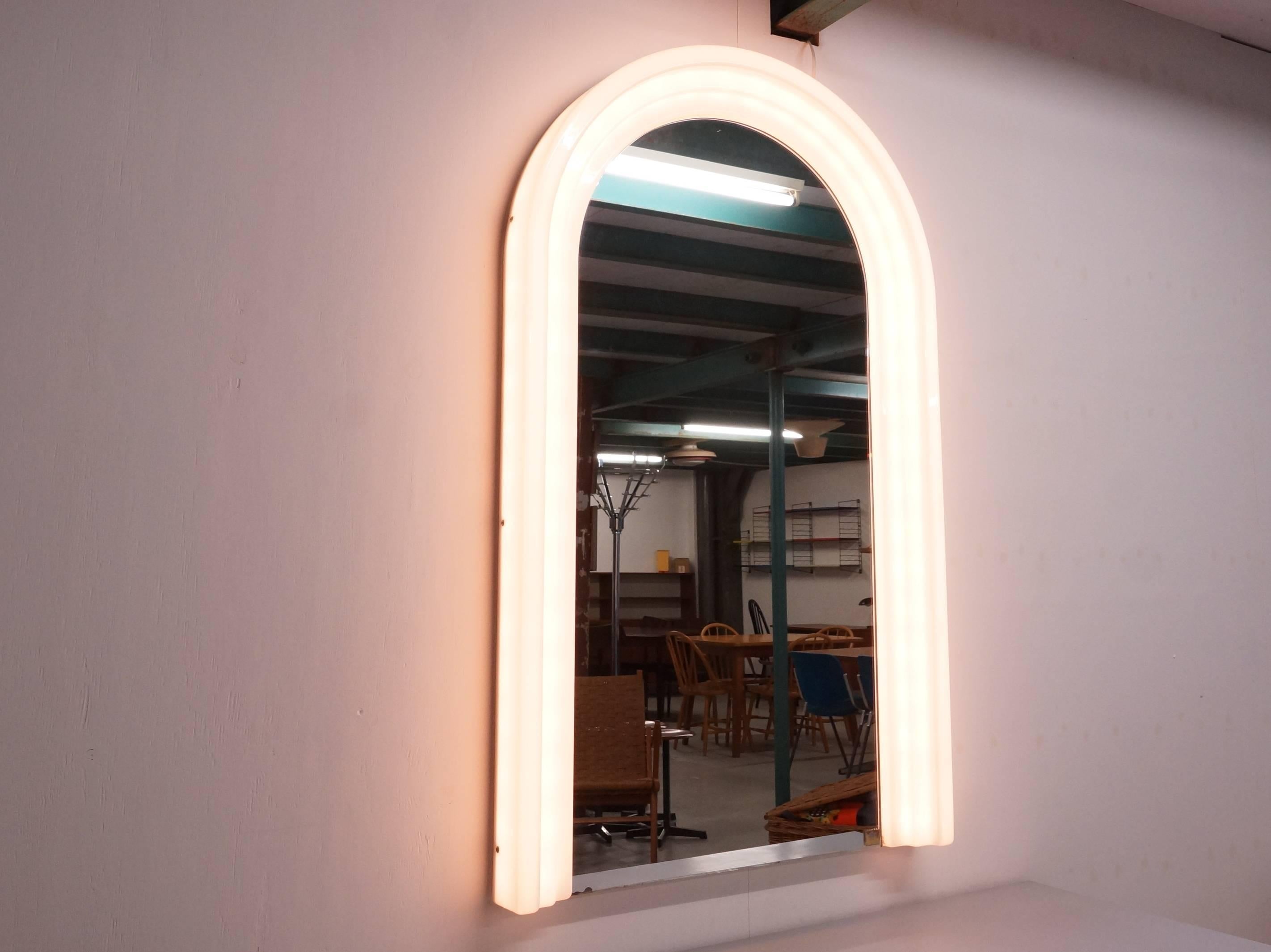 Italian Beautiful Lighted Mirror in White Plastic Store Sottsass Style
