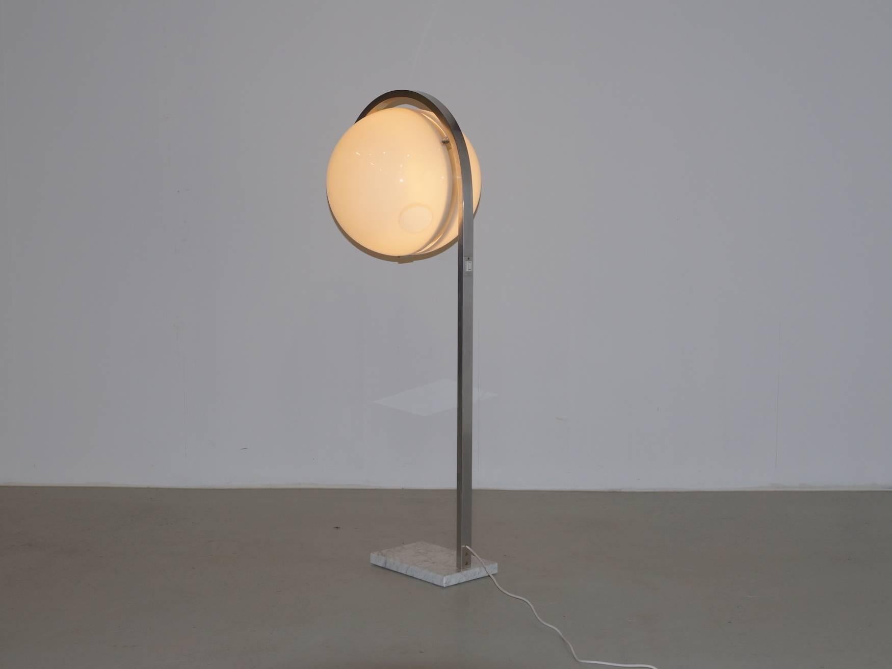 Aluminum Acrylic Globe Floor Lamp on Carrera Marble Base, Italian, 1960s For Sale