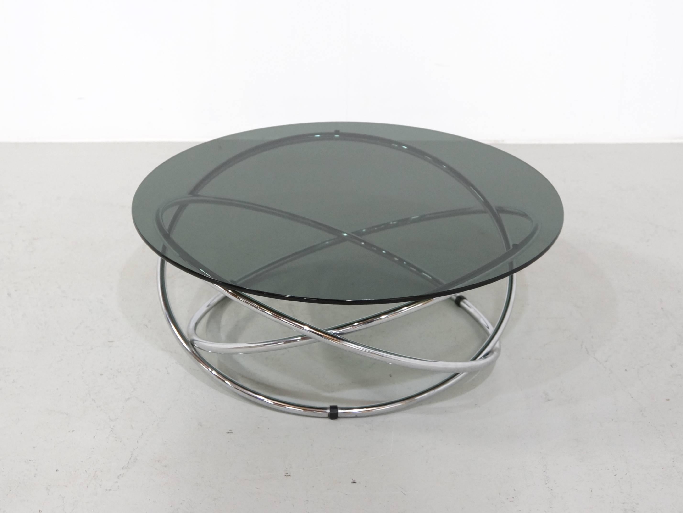 Mid-20th Century Italian Chrome Rings Coffee Table with Smoked Glass Top, 1960s For Sale