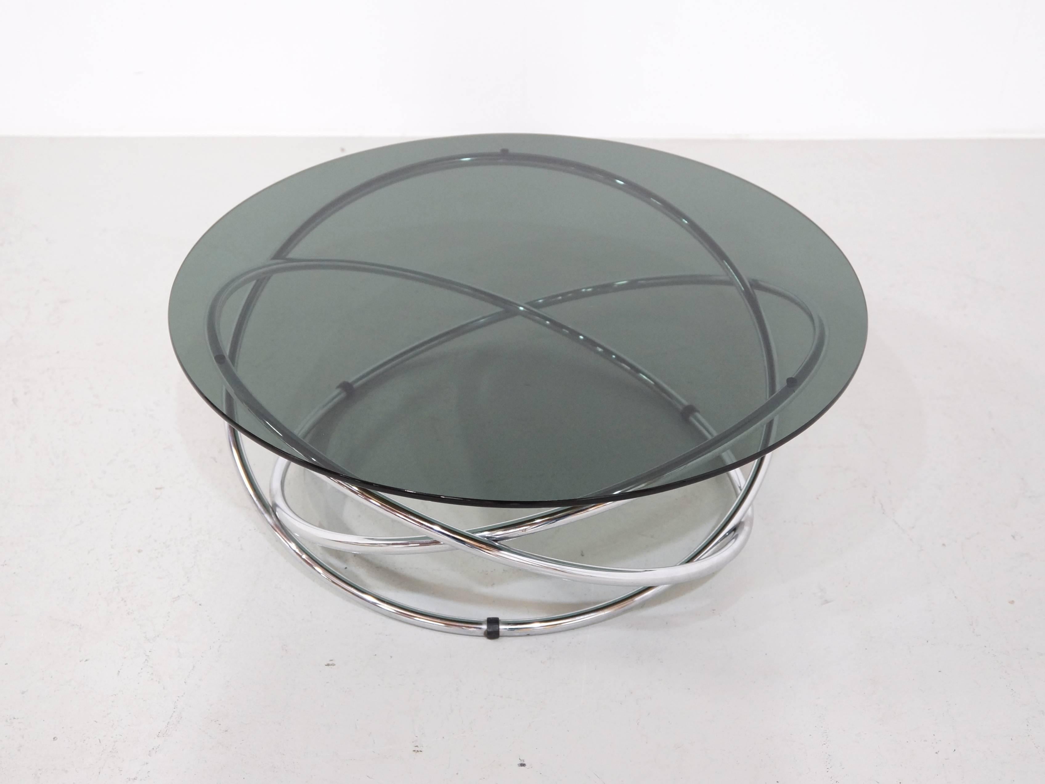 Italian Chrome Rings Coffee Table with Smoked Glass Top, 1960s For Sale 1
