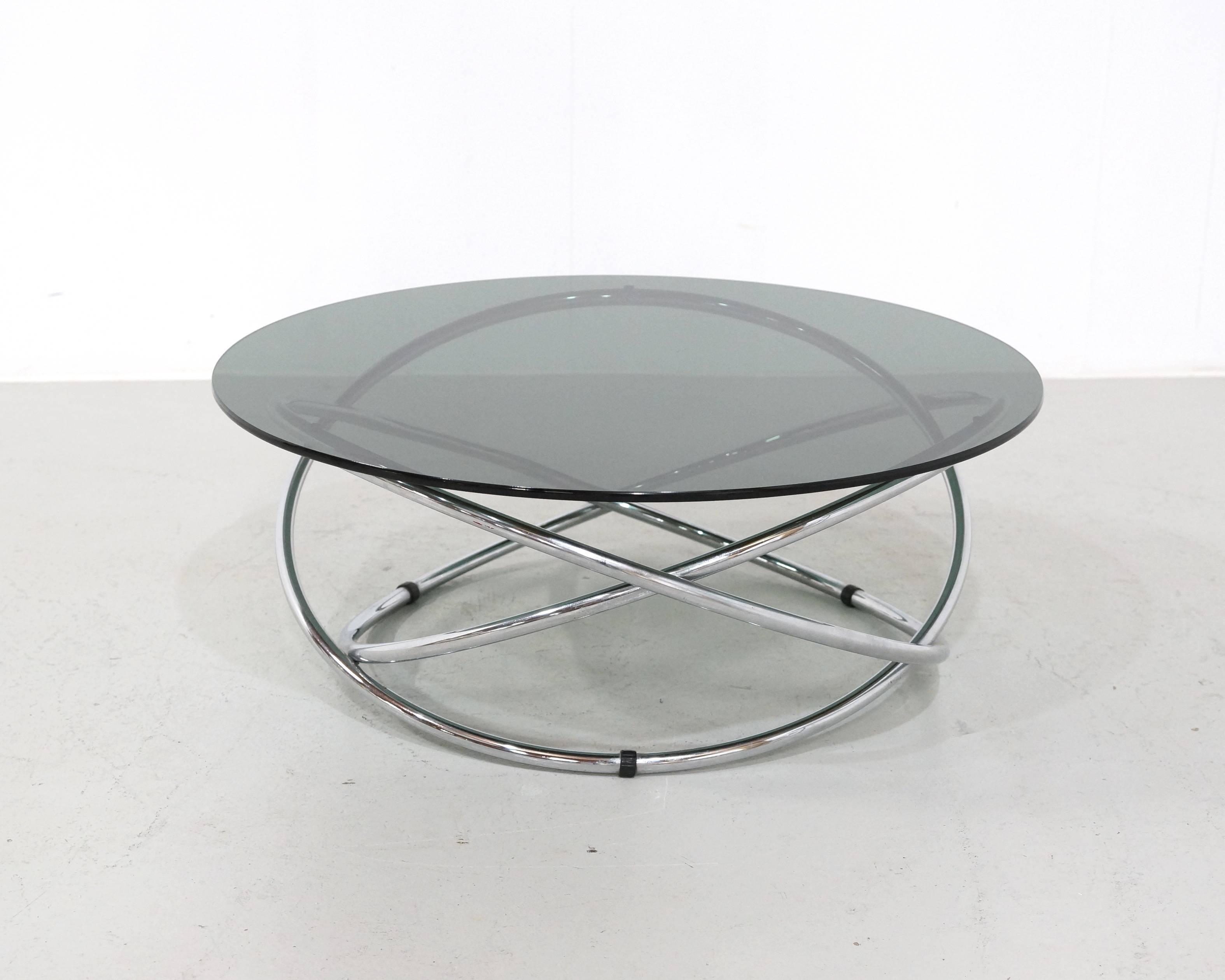 Italian Chrome Rings Coffee Table with Smoked Glass Top, 1960s For Sale 2