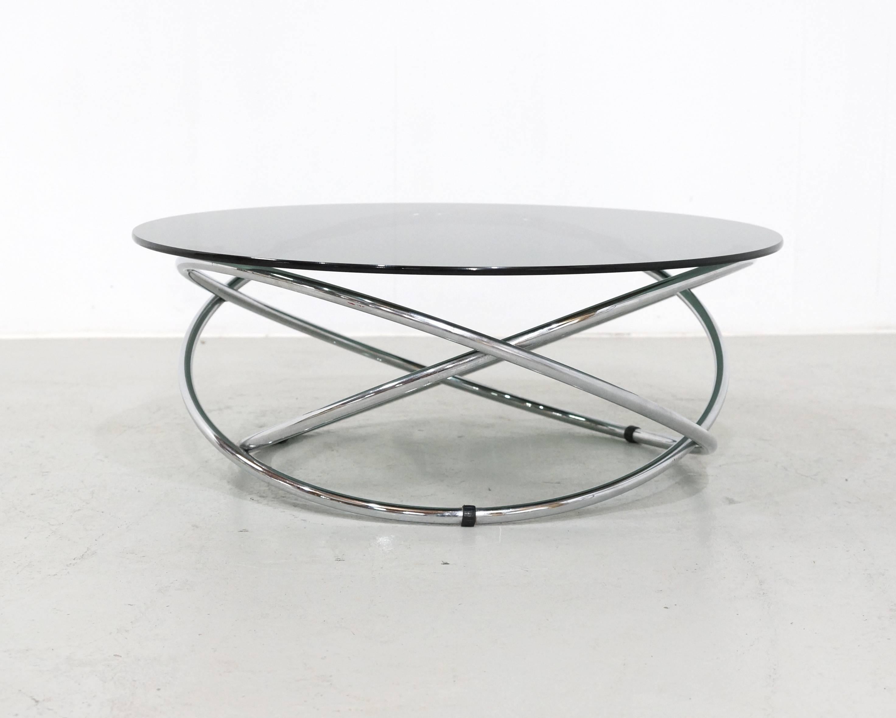 Italian Chrome Rings Coffee Table with Smoked Glass Top, 1960s For Sale 3
