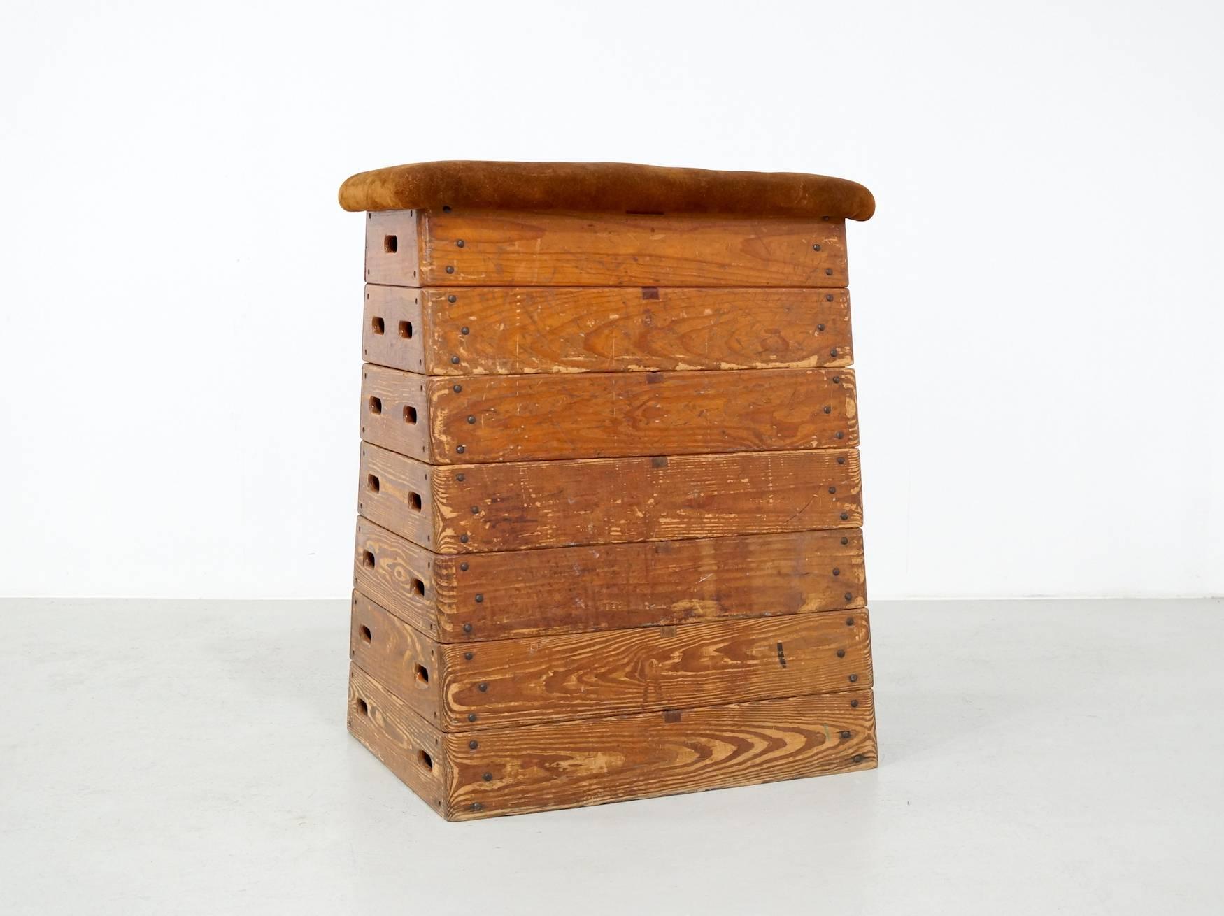 Mid-20th Century Wood and Suede Gymnastic Jump Box, 1960s For Sale