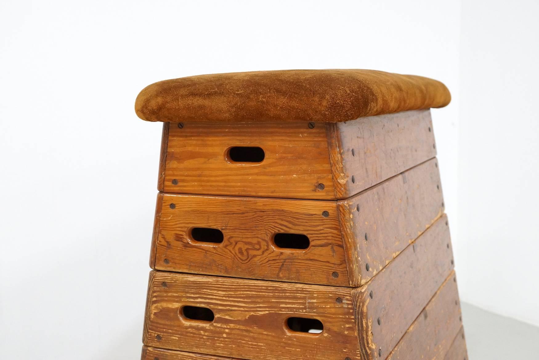 Mid-Century Modern Wood and Suede Gymnastic Jump Box, 1960s For Sale