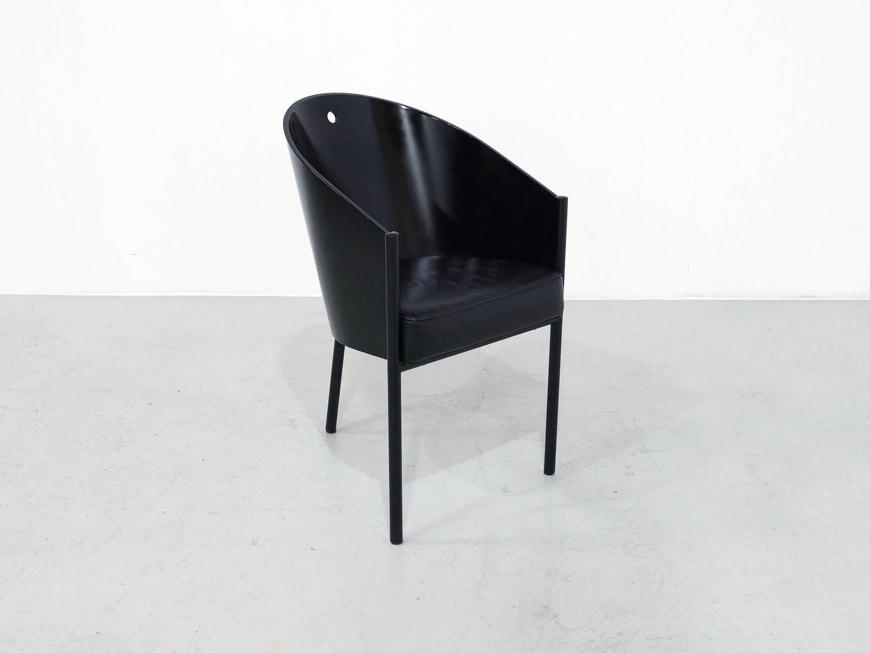 Great set of the Philip Starck Costes chair in black painted mahogany with black leather seats. They are objects universally recognized as icons. Costes dining chair that, in 1984, marked the beginning of the partnership between Philippe Starck and