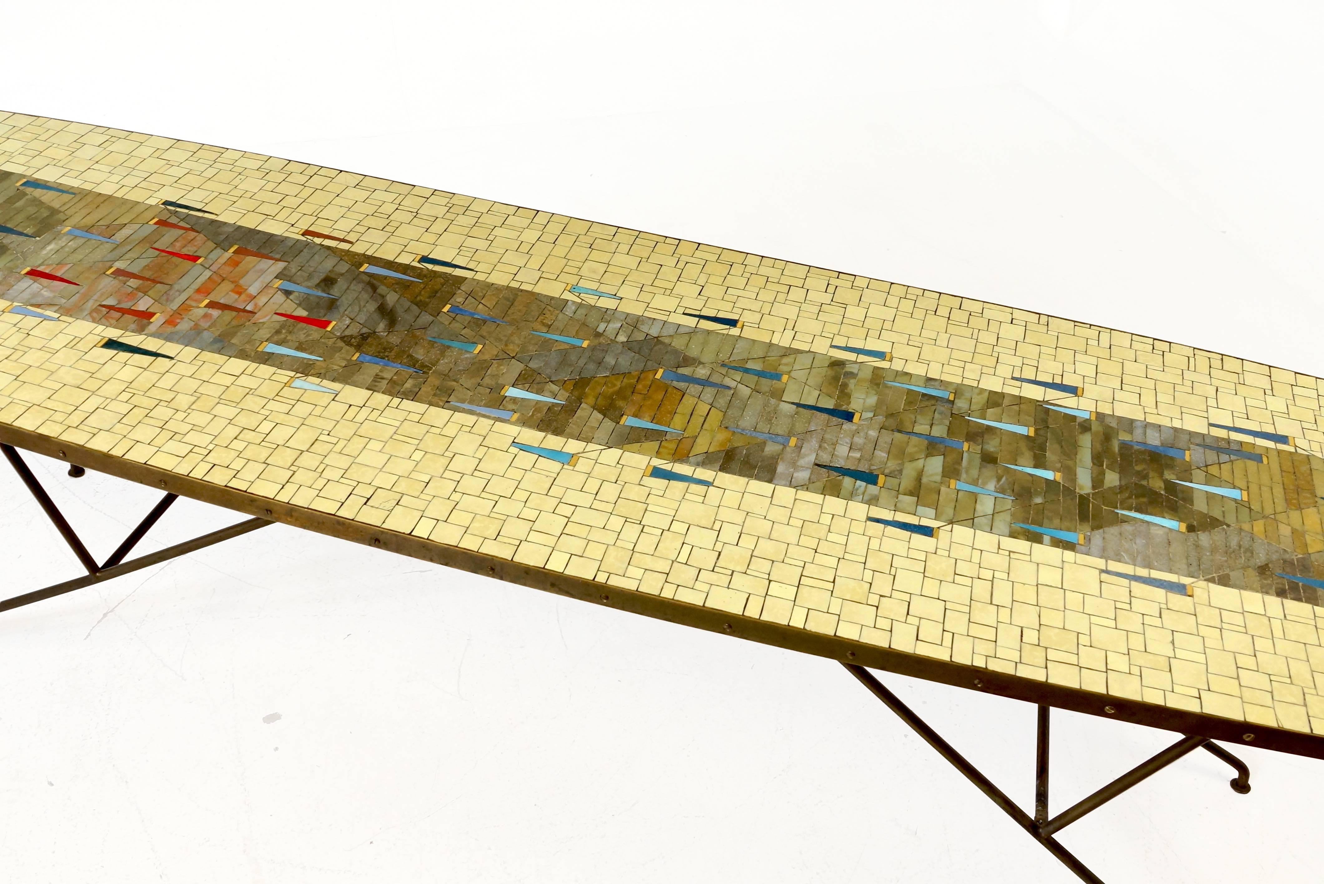 Mid-Century Modern Large Stunning Italian Glass Mosaic Coffee Table, 1950s on Brass Legs For Sale