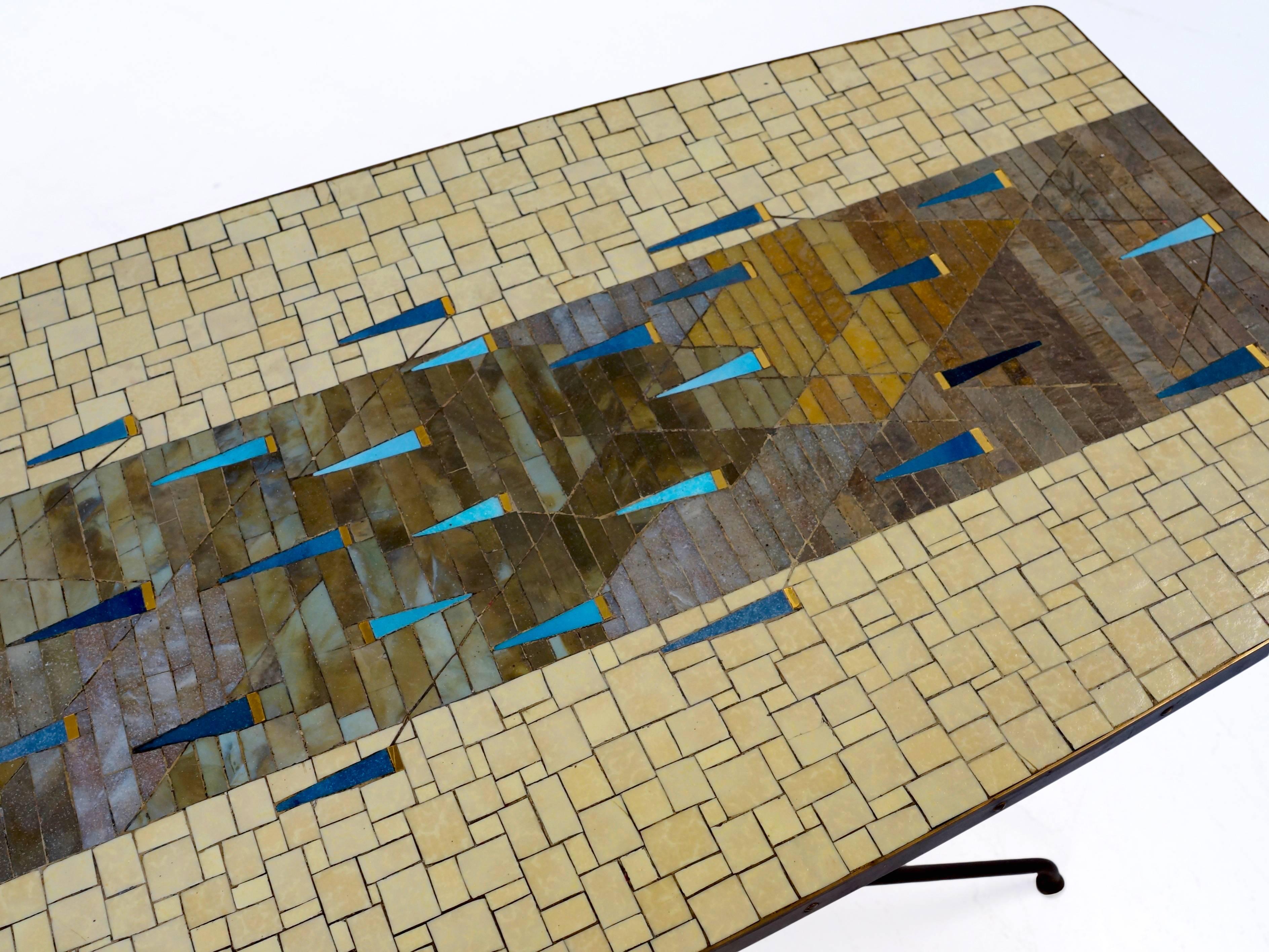 Mid-20th Century Large Stunning Italian Glass Mosaic Coffee Table, 1950s on Brass Legs For Sale