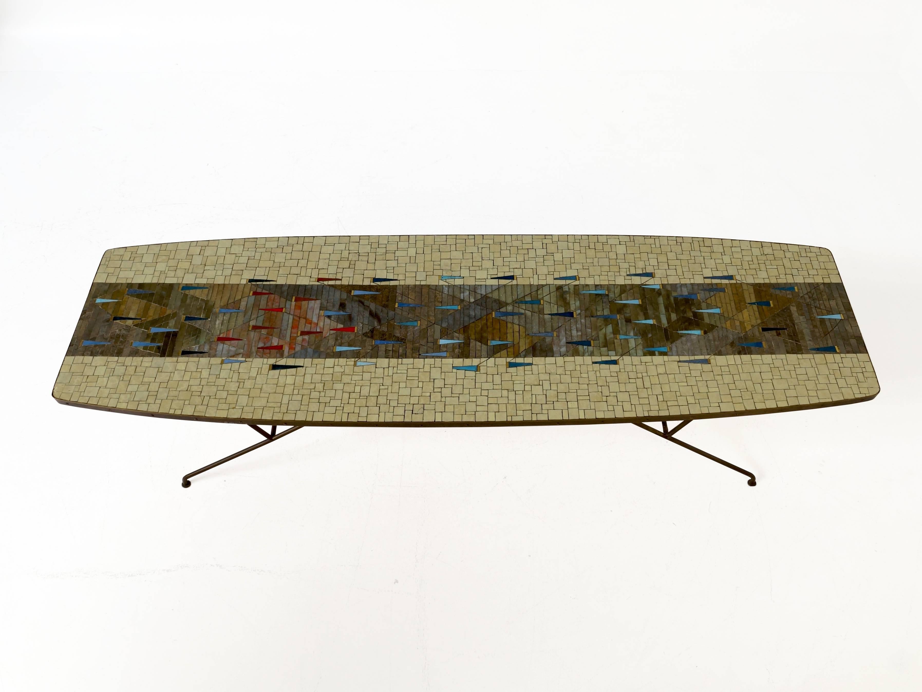 Large Stunning Italian Glass Mosaic Coffee Table, 1950s on Brass Legs For Sale 4