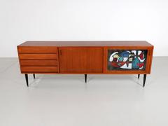 Exceptional Teak Sideboard with Art Tile Panel Sliding Door by Vigneron