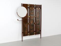 Large Italian Wall Coat Rack with in Brass Impressed Art Figures