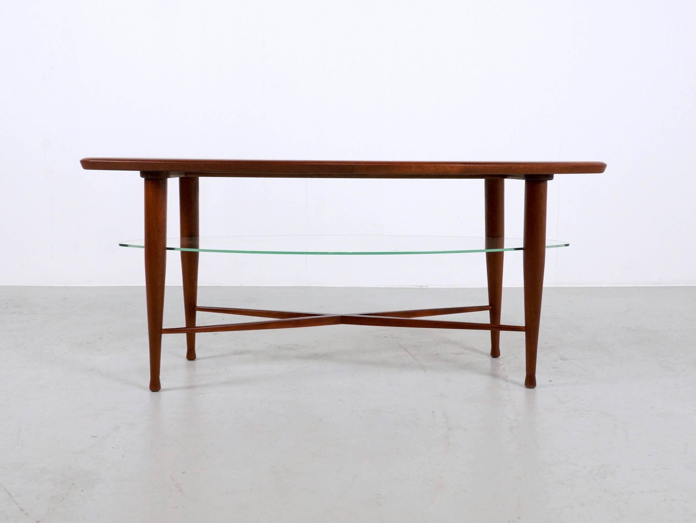 Mid-Century Modern Teak Coffee Table with Glass Magazine Shelve Underneath For Sale