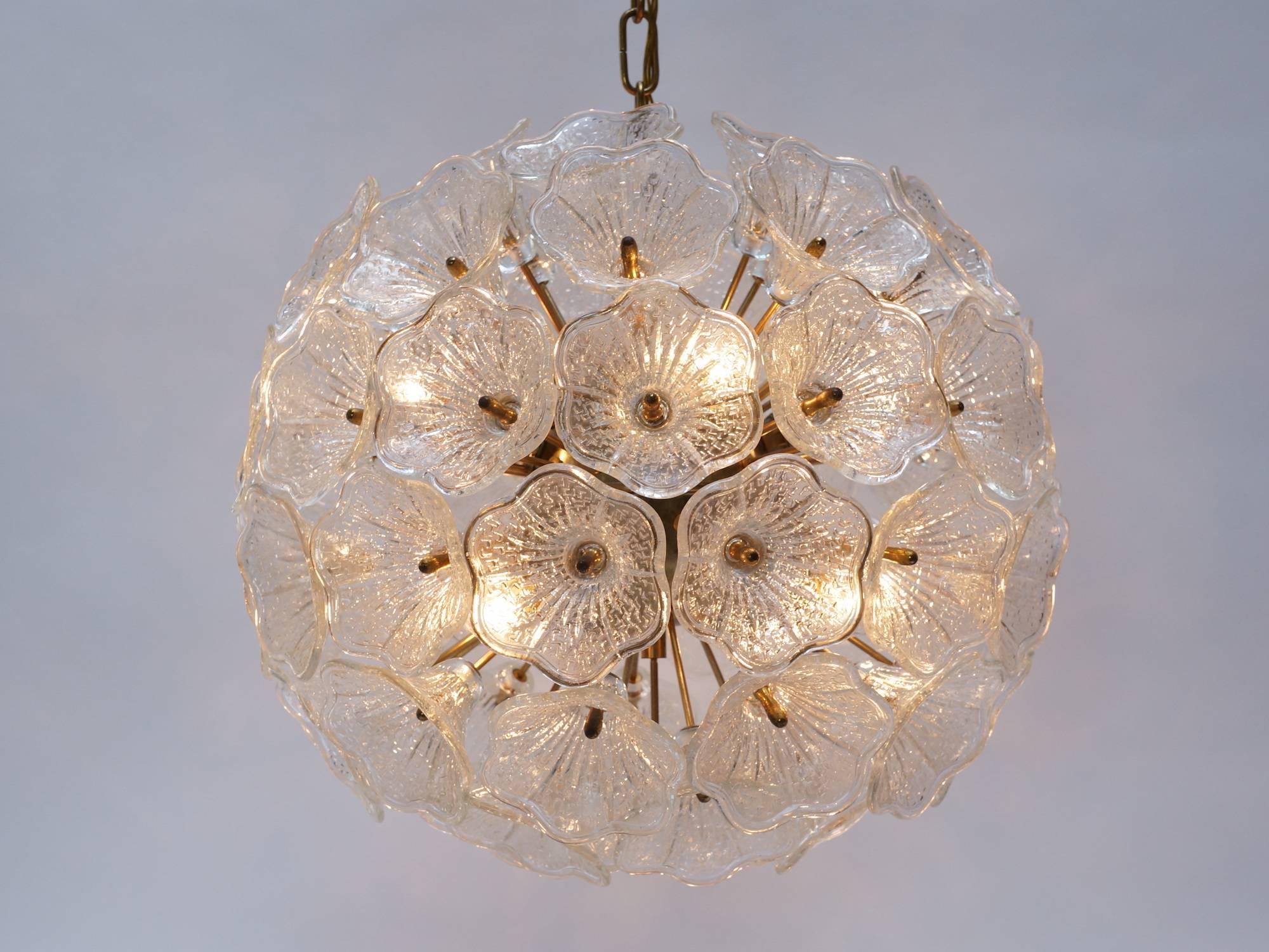 20th Century Brass and Glass Murano Glass Flower Chandelier, Italy, 1960s