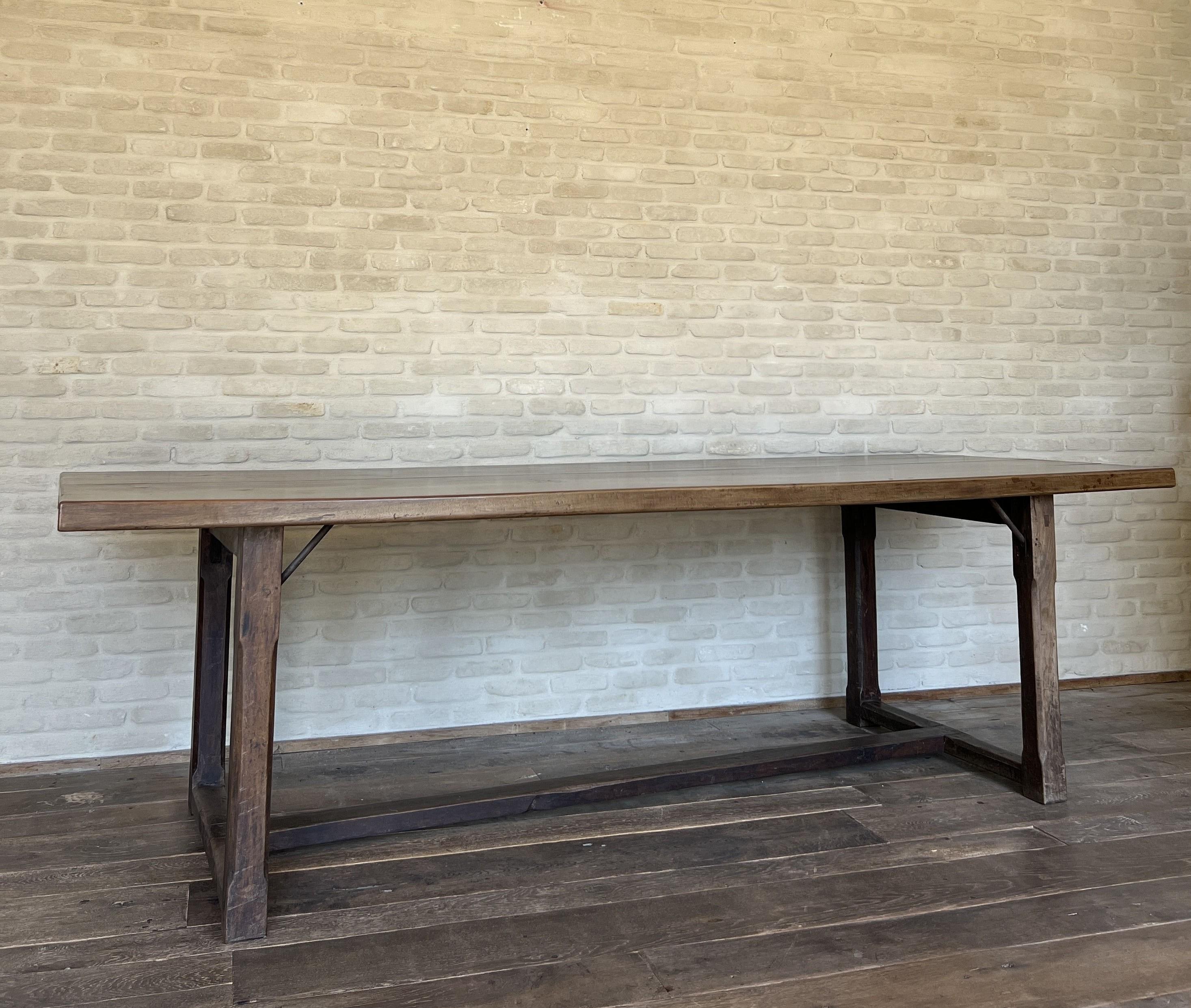 Hand-Crafted Italian 18th century 2 plank top Walnut Refectory Farm Table For Sale