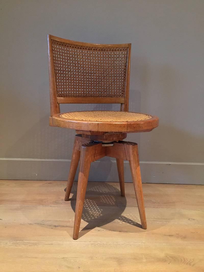 French Modernist Swivel Chair Oak Ratan