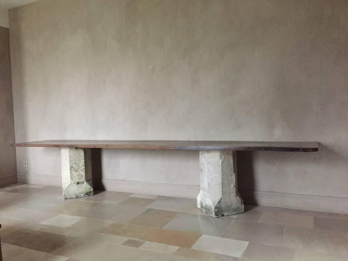 Hand-Carved Walnut and Stone Console Table