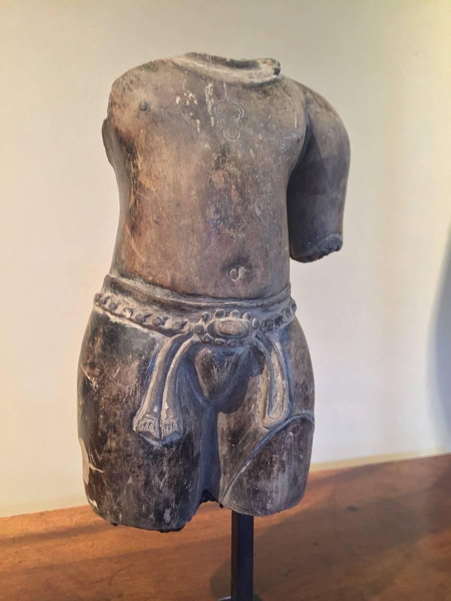 Hand-Crafted Pair of Khmer Torso Grey Terracotta