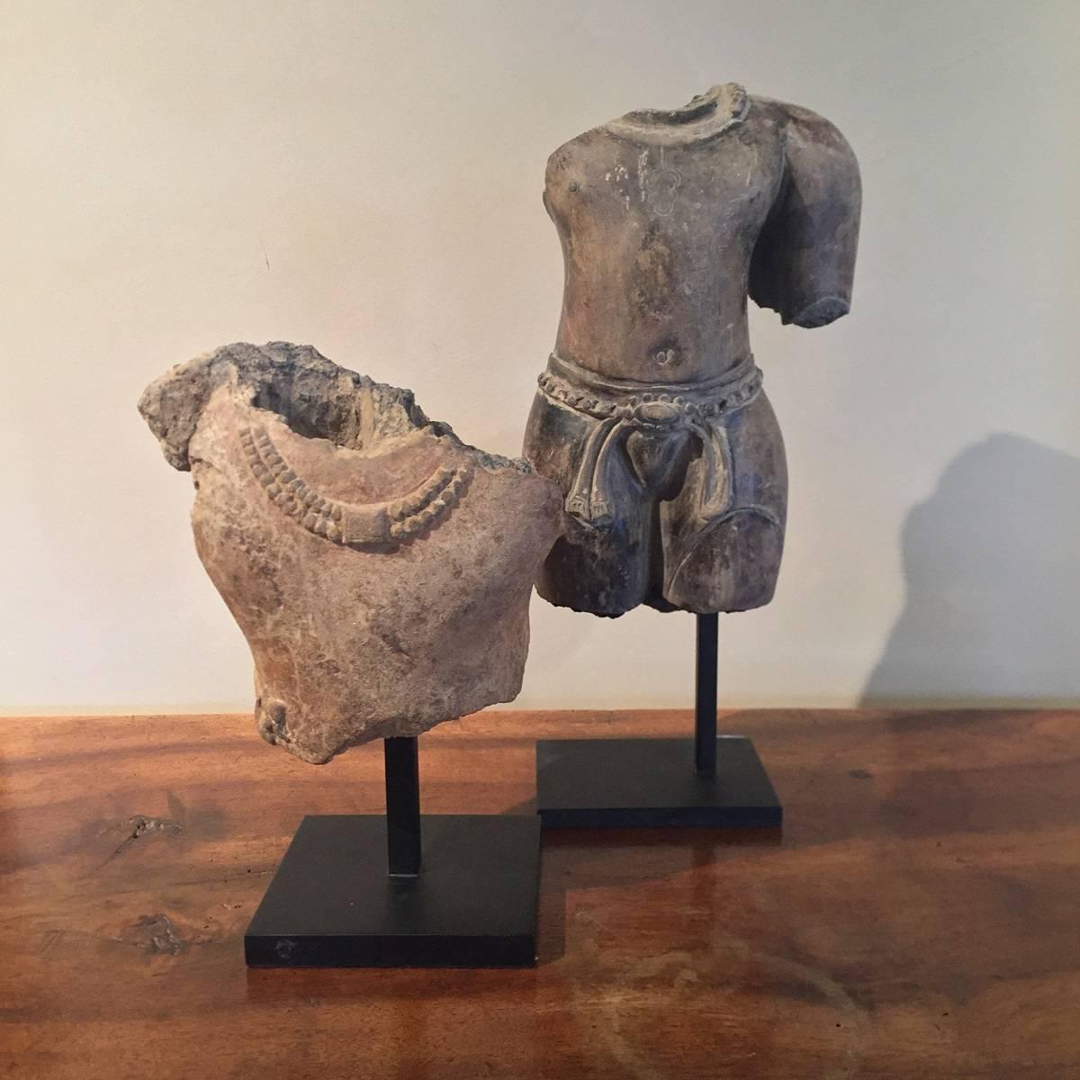 18th Century and Earlier Pair of Khmer Torso Grey Terracotta